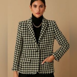 Linda Allard Ellen Tracy 100% Silk Black White Houndstooth Blazer Sz 14